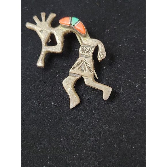 Navajo Kokopelli Pendant Brooch Sterling Turquoise Fire Coral "M" Arnold Maloney - Picture 2 of 5